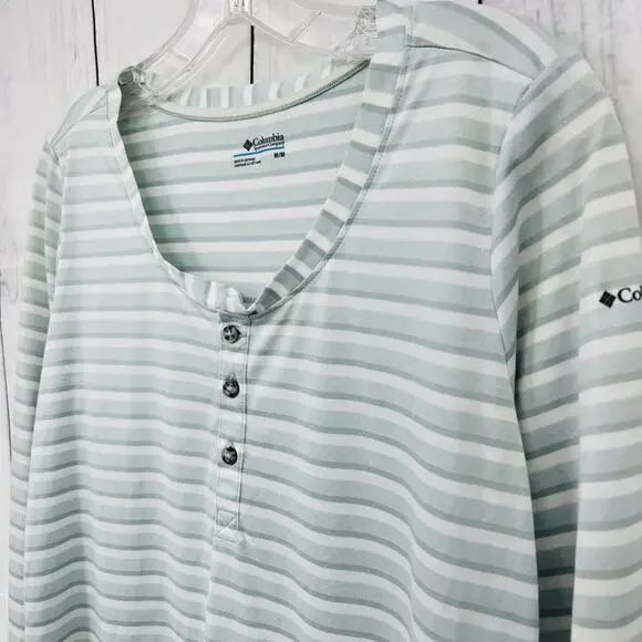 Columbia MEDIUM Henley Tee Shirt womens gray striped sheer 3/4 sleeve - Picture 3 of 9